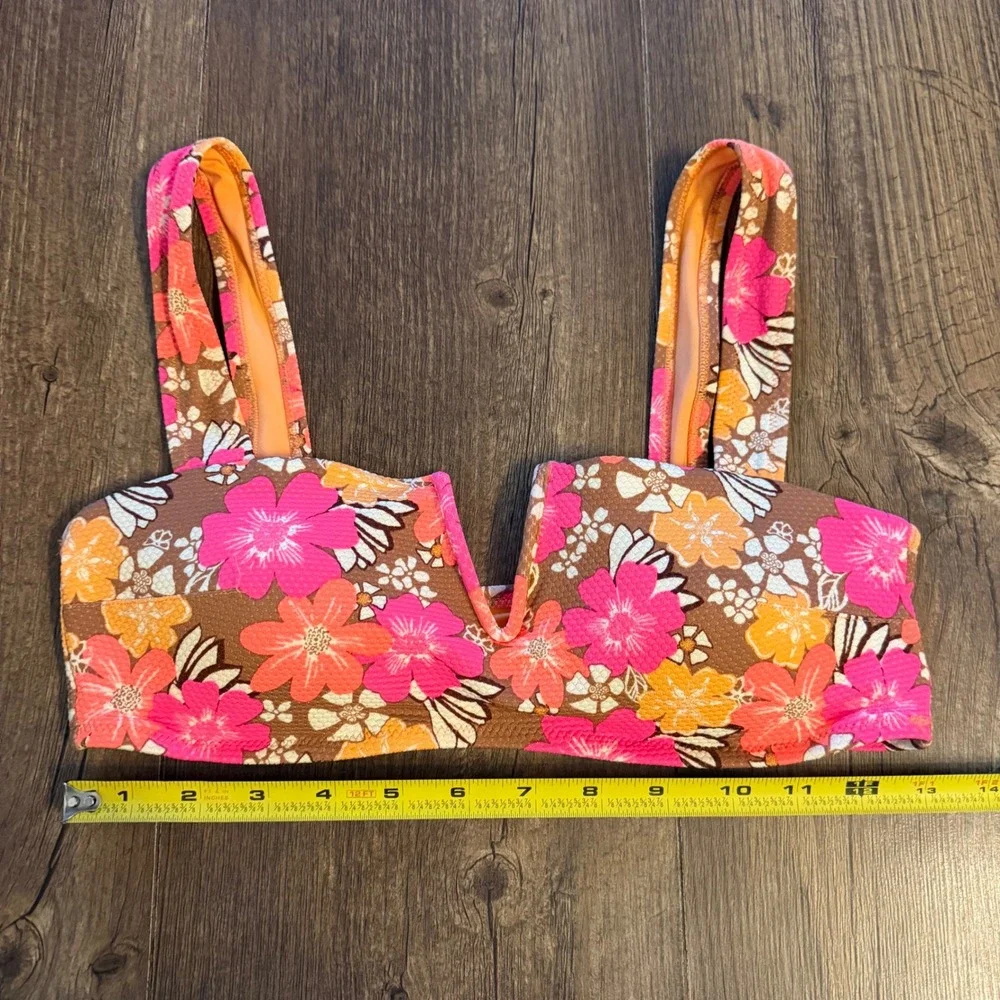 Aerie Bikini Top Medium Brown Pink Floral V-Wire Textured Swim Groovy 70s Retro